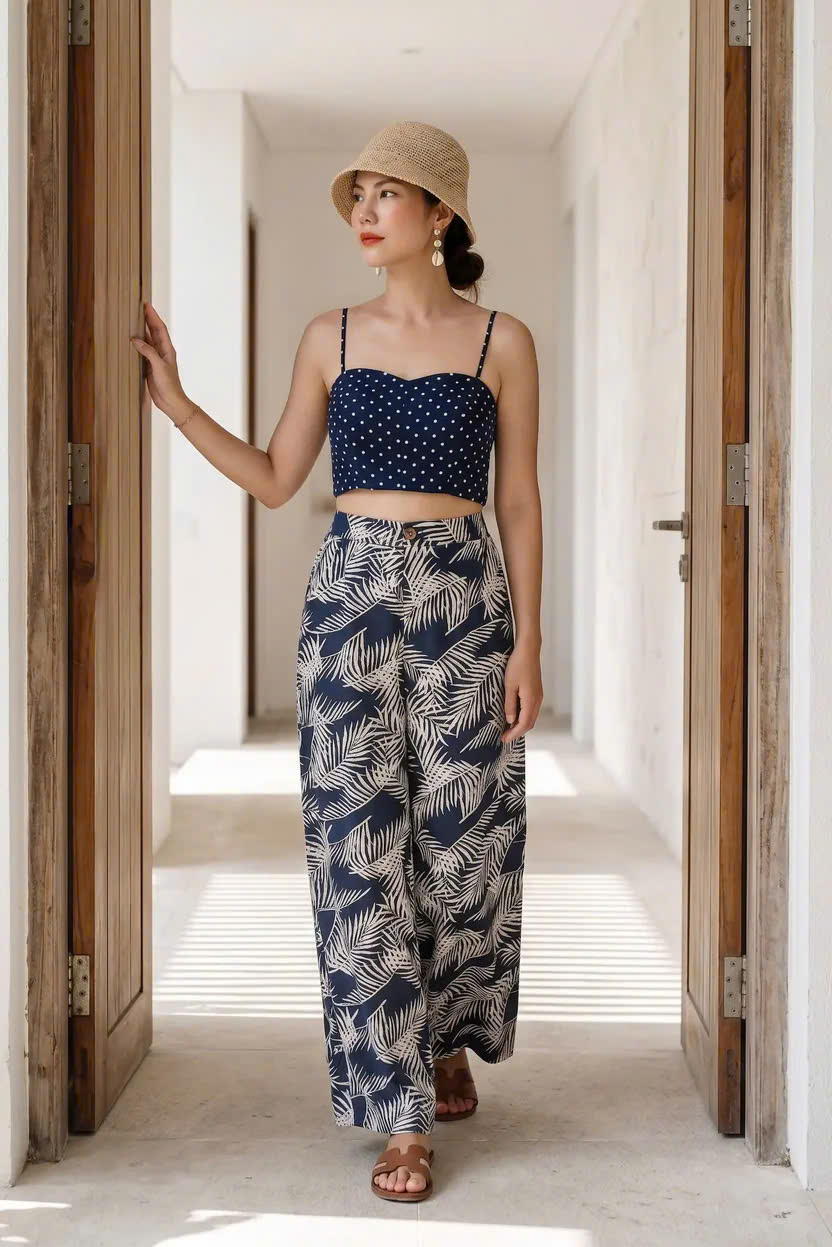 Quần Ống Rộng Linen Lá Cọ Xanh Navy Pan055 Thời trang Hity