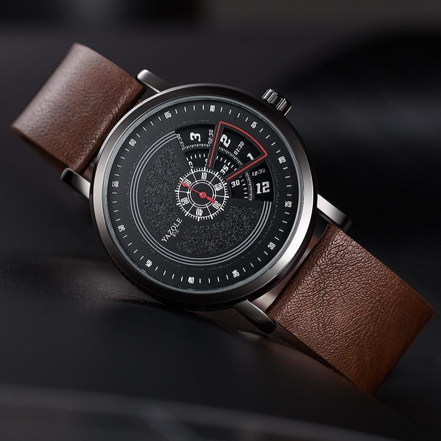 Đồng hồ nam Yazole 510 dây da sang trọng, kim chạy dọc