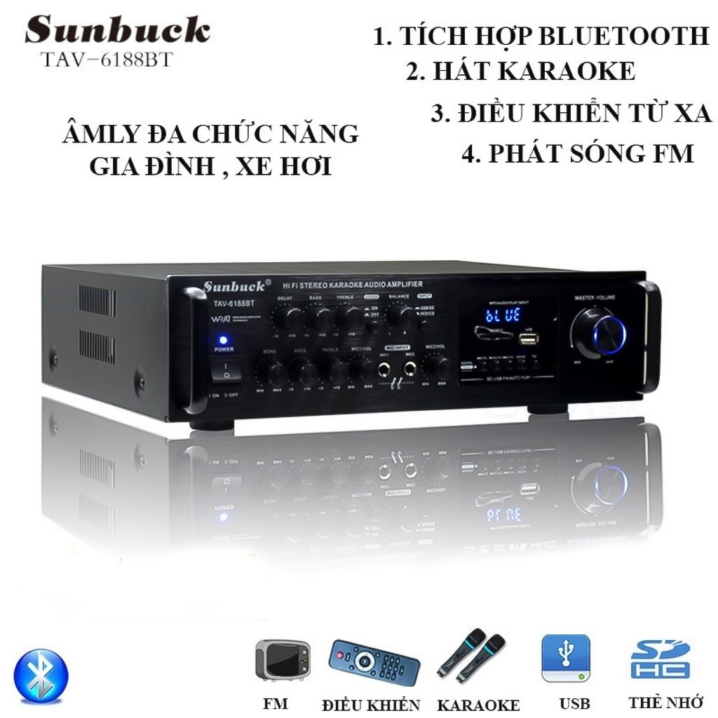 Amply Bluetooth Sunbuck 6188BT Karaoke Đánh Siêu Đỉnh Công Suất Cực Đại Âm Thanh Siêu Chất - Hàng Nhập Khẩu