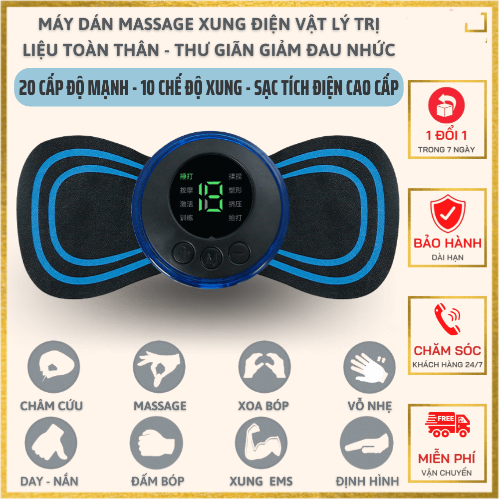 Miếng Dán Massage Xung Điện Cổ Vai Gáy, Bắp Tay, Lưng Cánh Bướm 8 Chế Độ Sạc Điện Cao Cấp