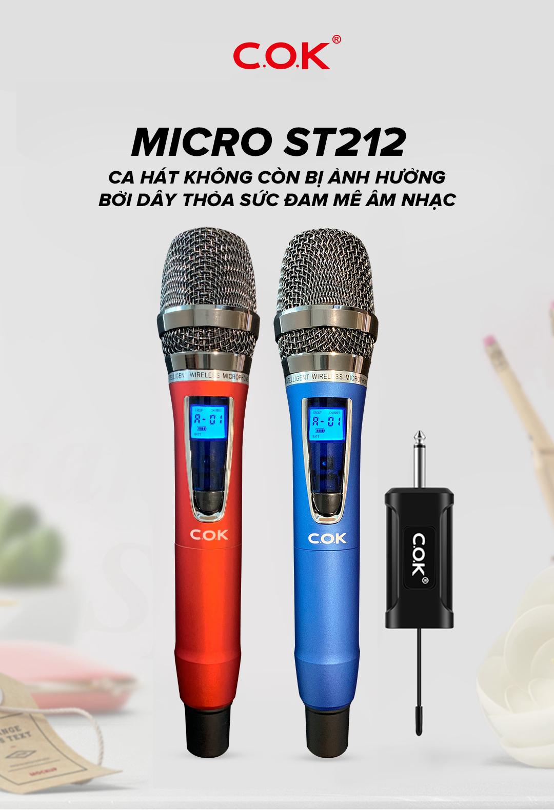 Micro không dây cao cấp C.O.K ST-212 (2 Mic), Dành cho loa kéo & dàn âm ly, Jack 6.5, bắt âm tốt - Hàng chính hãng 100%