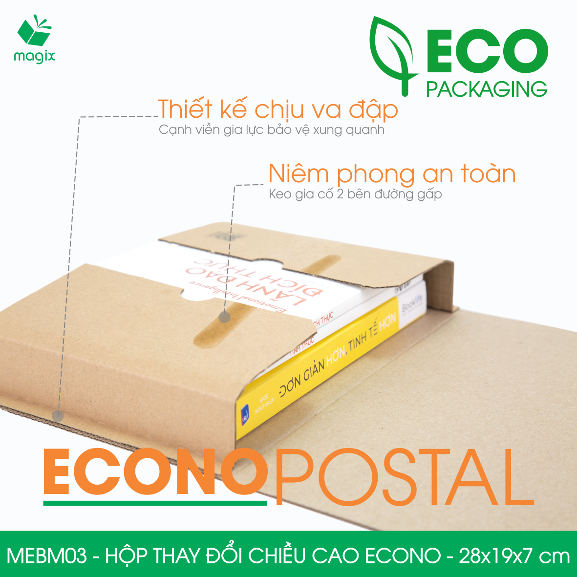 MEBM03 - 28x19x7 cm - 100 hộp carton thay đổi chiều cao siêu tiết kiệm - Hộp đóng sách, hộp gói hàng