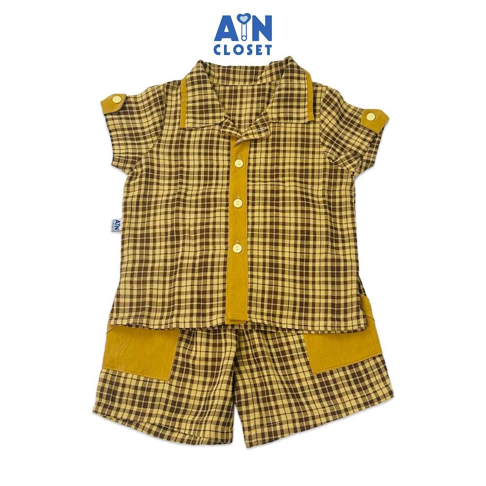 Bộ quần áo ngắn bé trai họa tiết Caro Vàng Nâu cotton - AICDBGHOXTGJ - AIN Closet