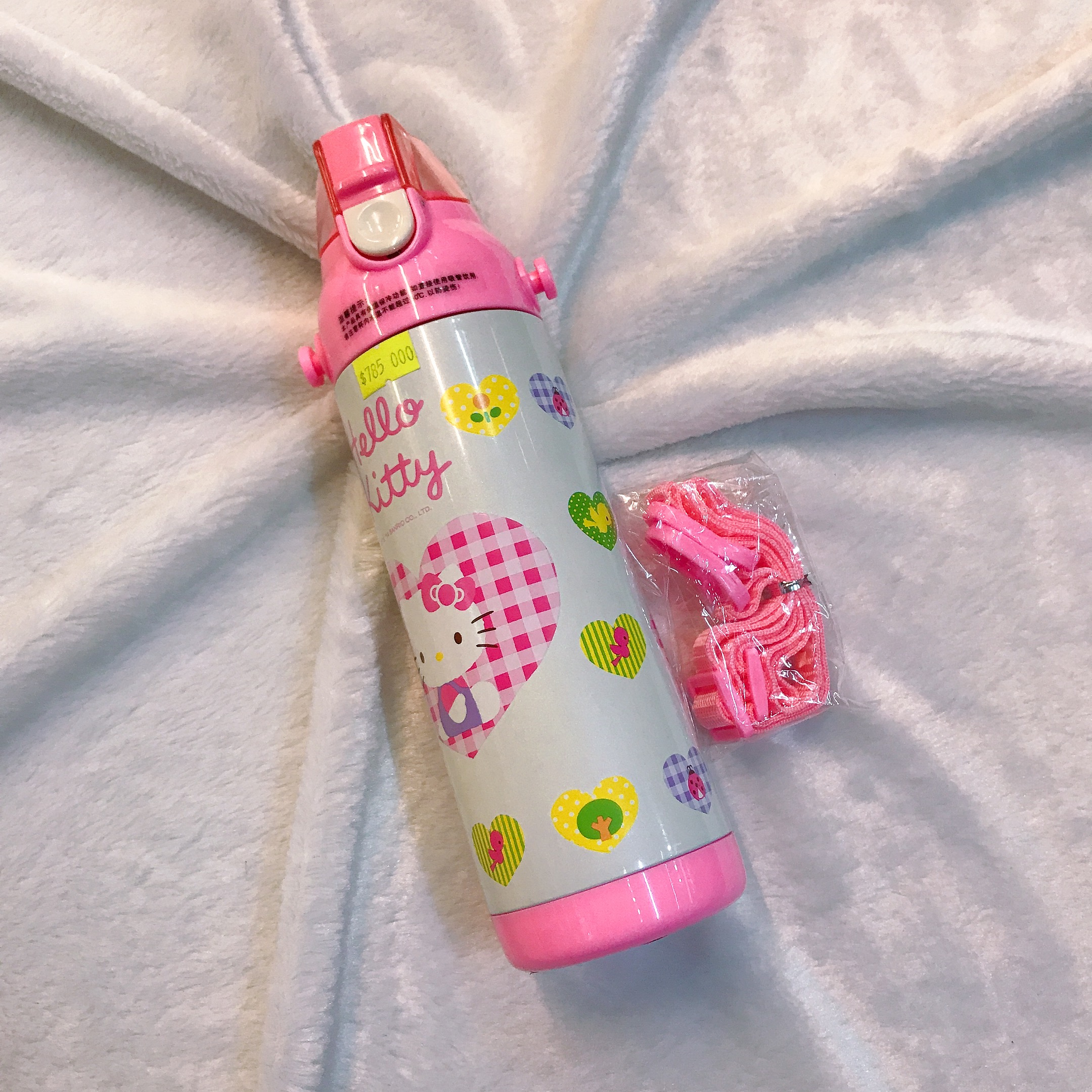 Bình nước giữ nhiệt hình mèo Kitty trái tim caro màu trắng hồng cho trẻ em, bé gái -  - KT3655TR