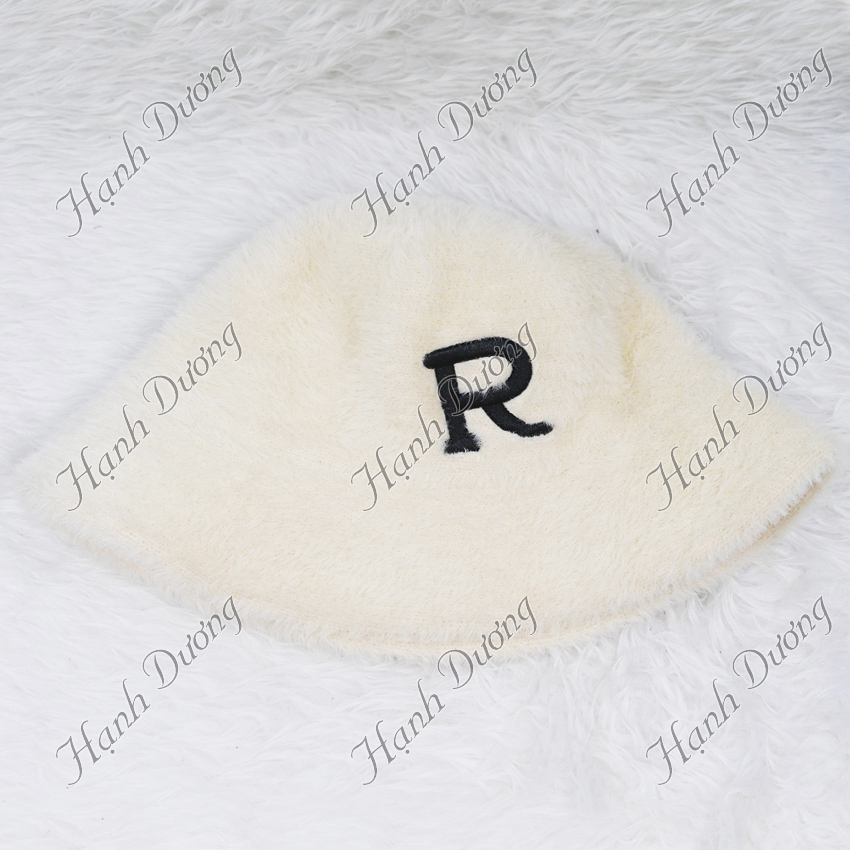 Mũ nhung cúp lông xù thêu chữ R, vành rộng 5cm, chất liệu vải mềm mại thời trang hiện đại
