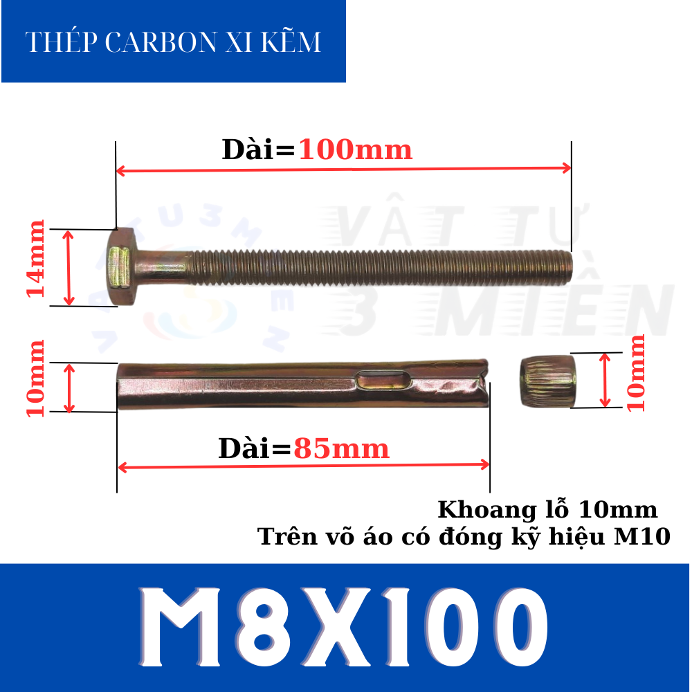 Tắc kê nở M8x100 đầu lục giác sắt xi kẽm