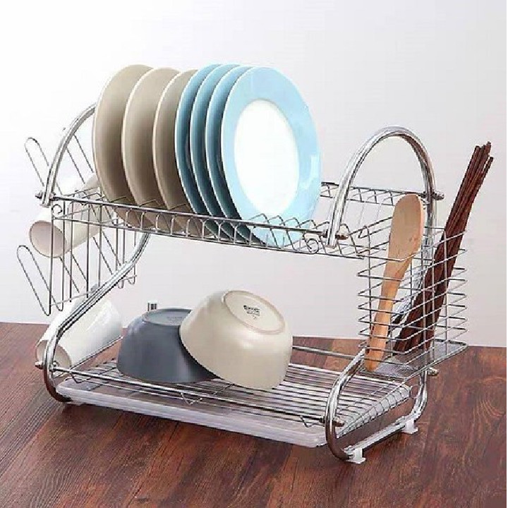 Kệ Úp Bát Chén Đĩa Inox 2 Tầng Kệ Inox Úp Cốc, Để Bát Đĩa Khô Ráo Có Đĩa Hứng Nước Bên Dưới