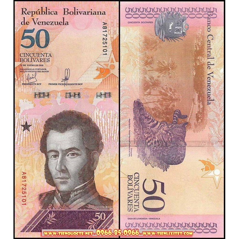 1 tờ tiền Venezuela hình con mèo 50 Bolivares sưu tầm , tiền châu Mỹ , Mới 100% UNC