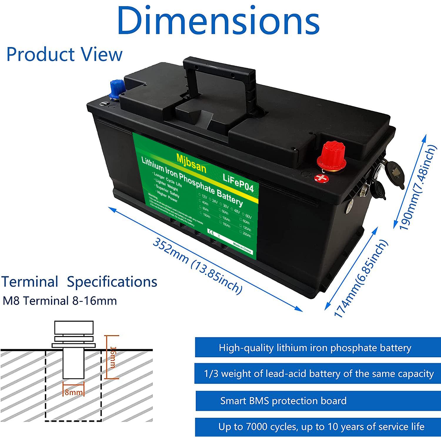 Pin 12V 100Ah LiFePO4 Lithium Iron Phosphate BMS tích hợp cho hệ thống năng lượng mặt trời Bộ lưu trữ động cơ thuyền biến tần có bộ sạc