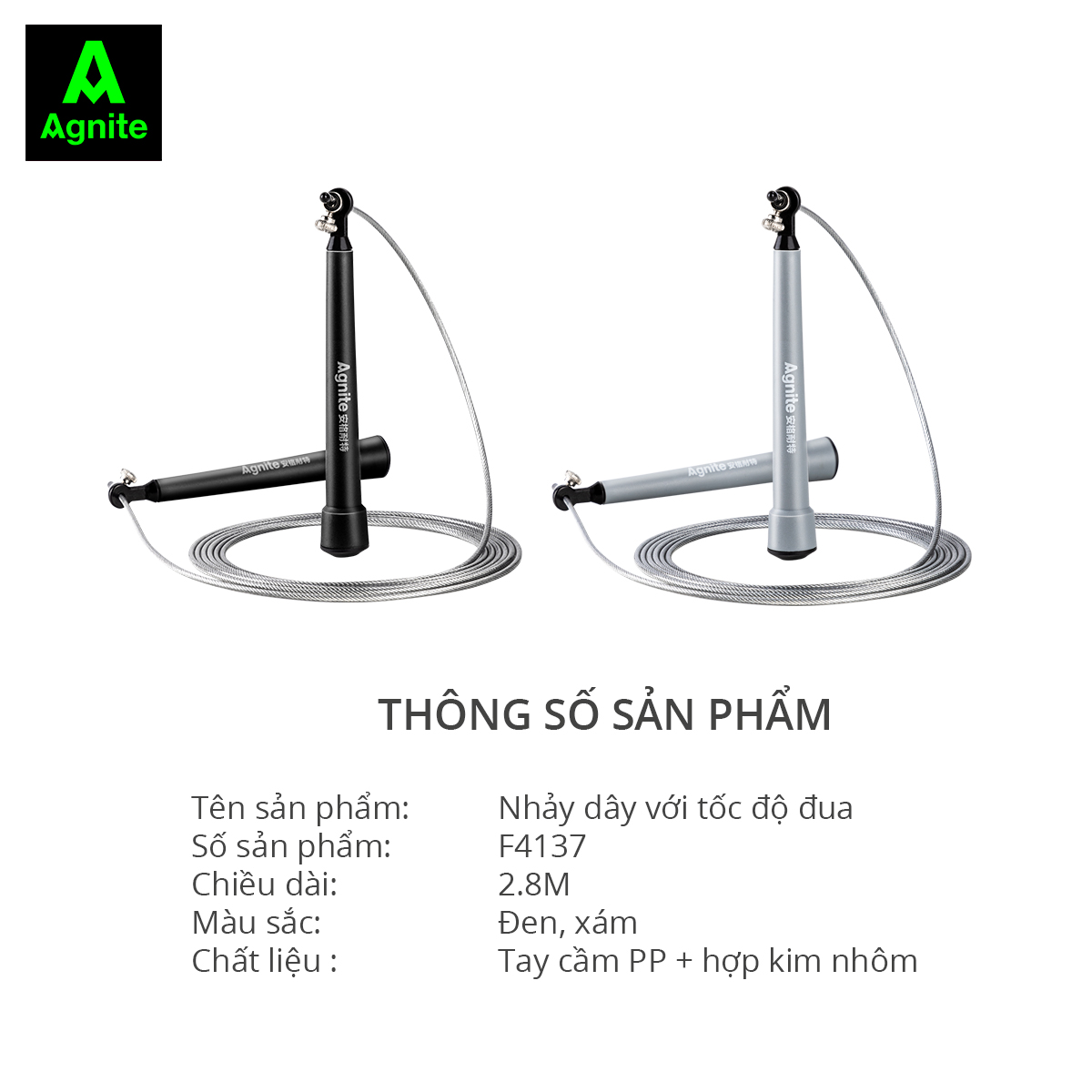 Dây nhảy thể dục, giảm cân Agnite - Dài 2.8m - Có thể điều chỉnh độ dài, Lõi bằng thép cao cấp - Màu Xám/ Đen - Hàng chính hãng - F4137