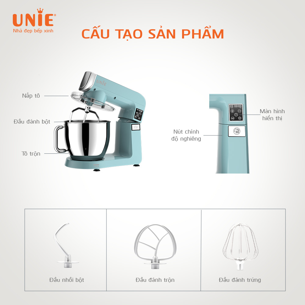 Máy Trộn Bột Đánh Trứng Đa Năng UNIE UE-990 Tiêu Chuẩn Đức Dung Tích 6.5 Lít Công Suất 1800 W - Hàng Chính Hãng