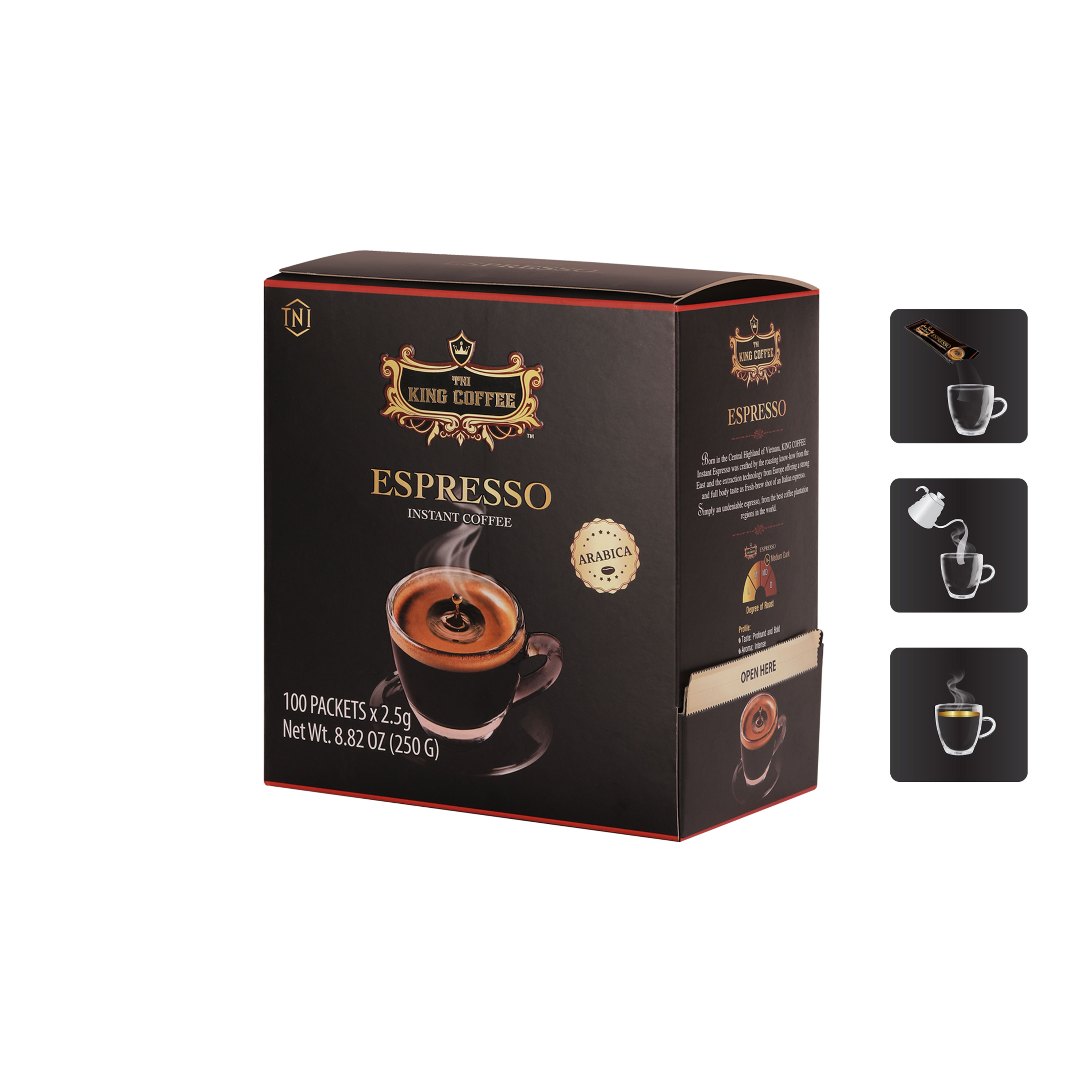 Combo 3 Cà Phê Đen Hòa Tan Espresso KING COFFEE - Hộp 100 gói x 2.5g + tặng 1 Cà Phê Đen Hòa Tan Espresso KING COFFEE - Hộp 15 gói x 2.5g