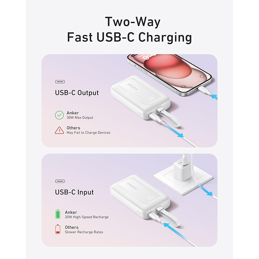 Sạc dự phòng Anker Zolo 1A1C 30W 10000mah (Built-In USB-C) A1688 - Hàng Chính Hãng
