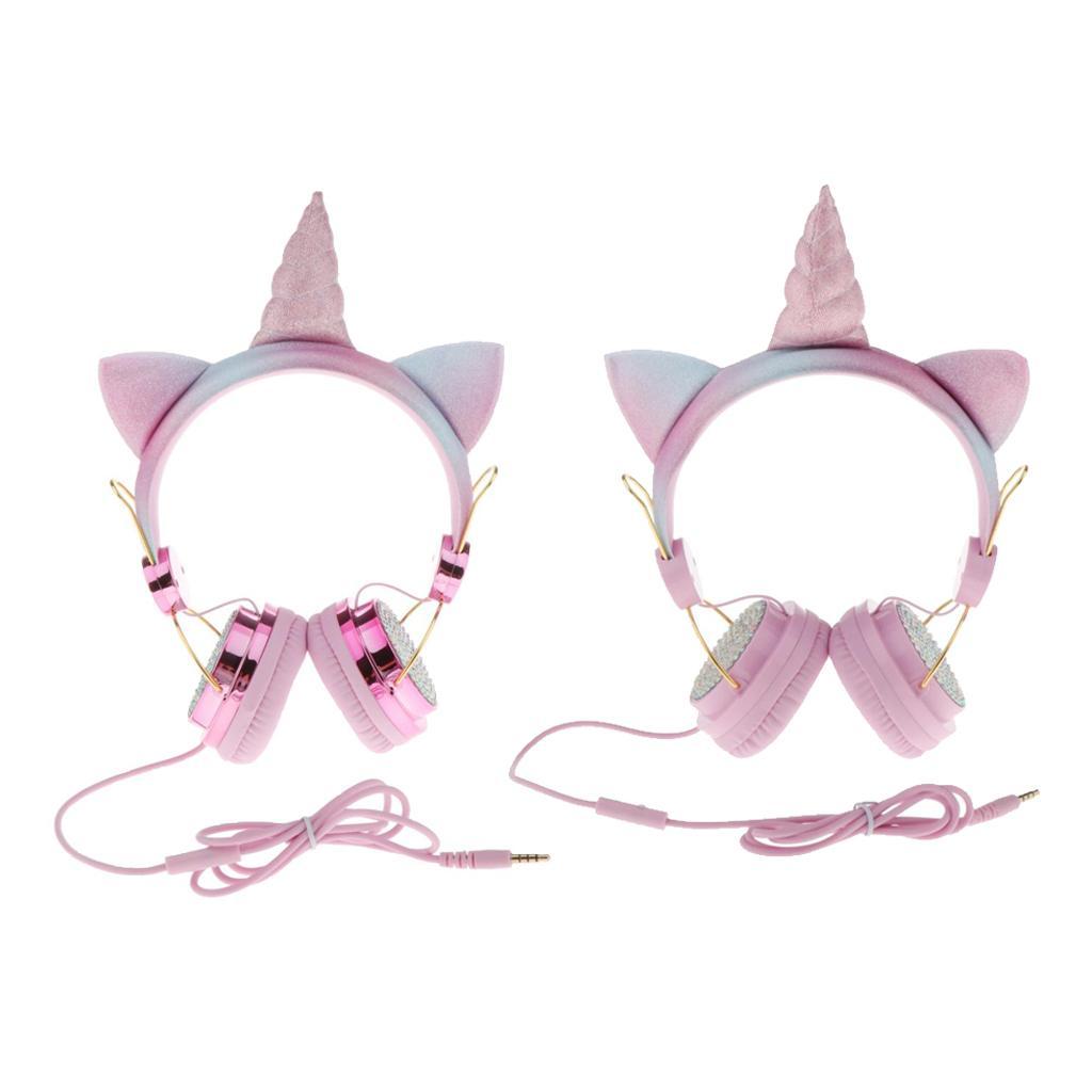 2x Unicorn Headphone With Microphone Girls Kids Stereo Earphone Headset Pink