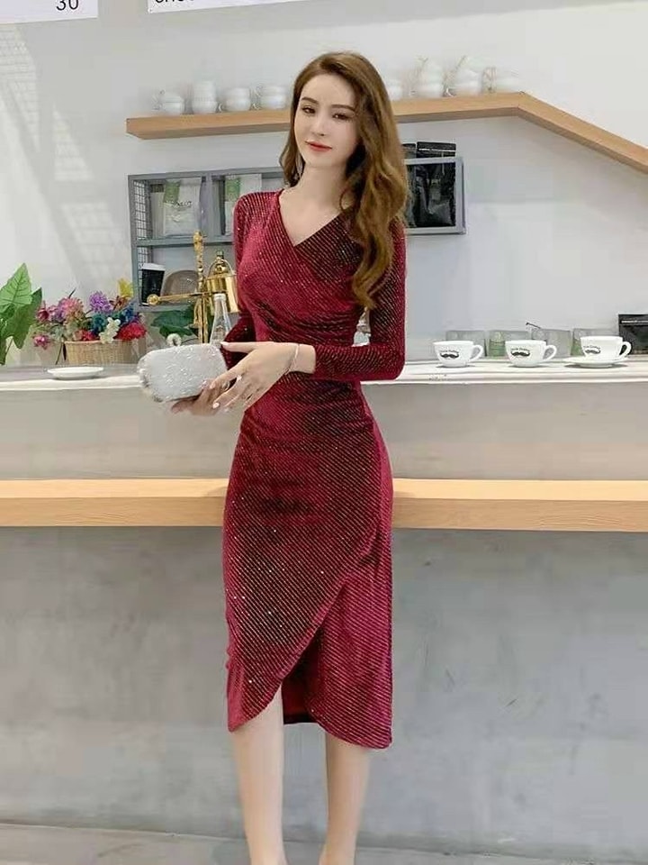 ĐẦM BODY NHUNG KIM SA CỔ ĐẮP CHÉO CAO CẤP