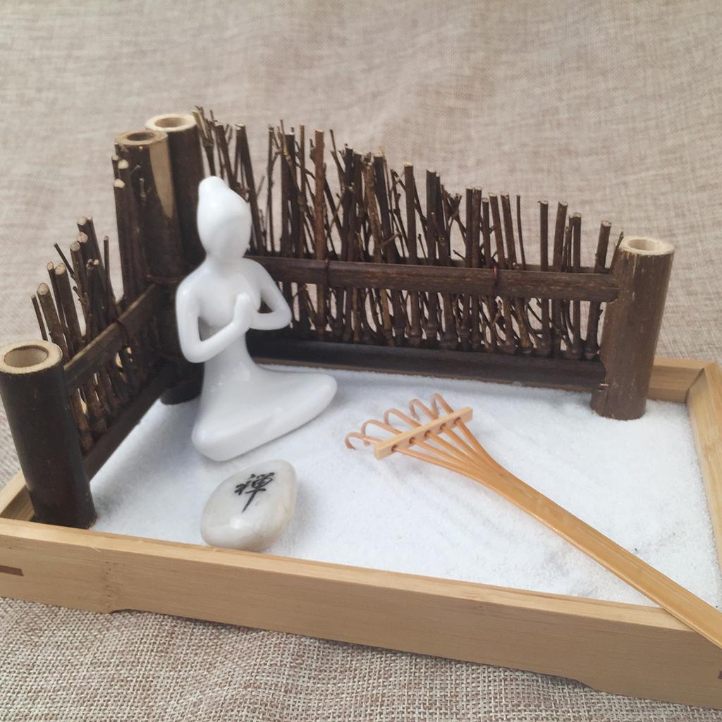 Zen Garden Sand Tray Buddha Stone Rake Bamboo Tray Home Room Ornament #1