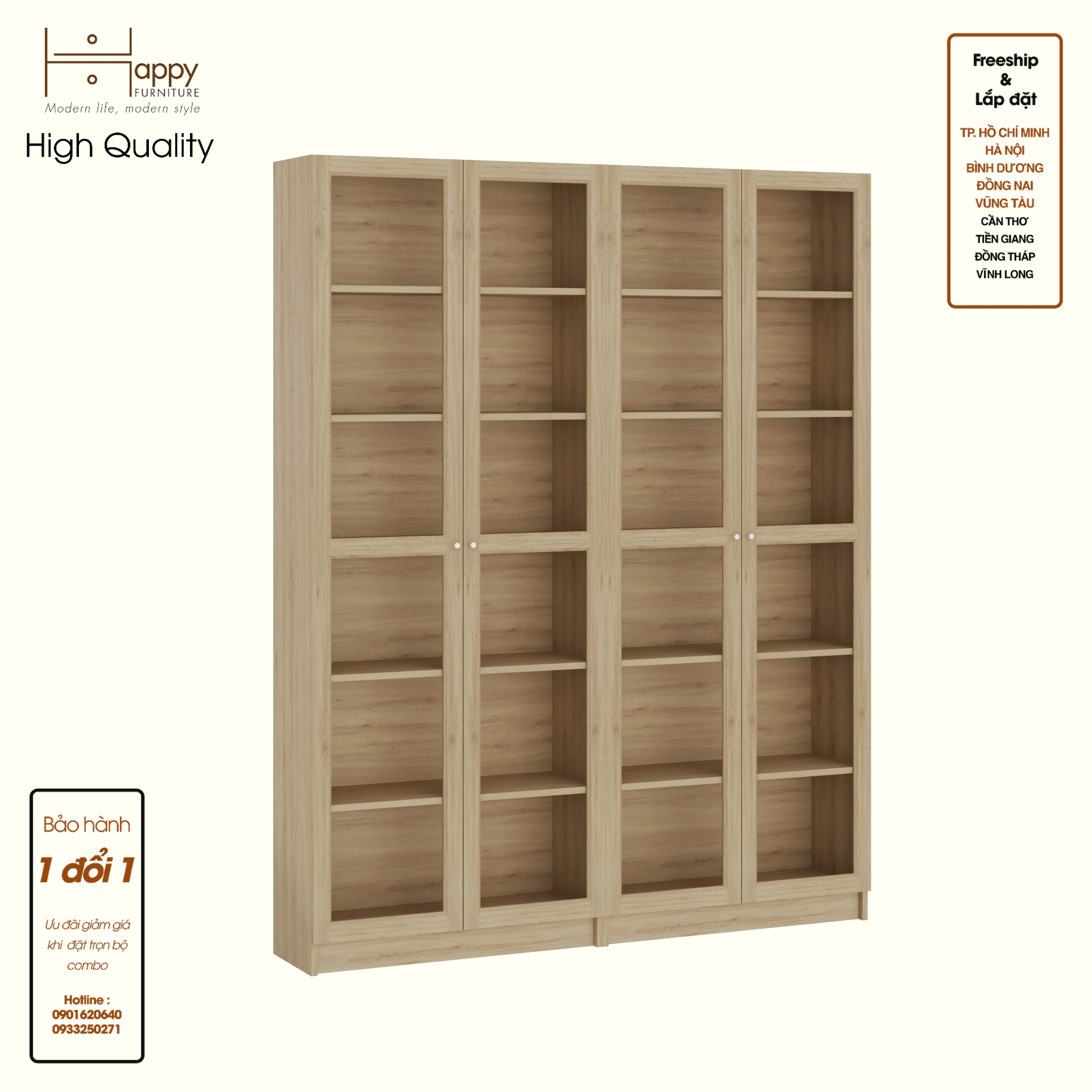 HAPPY FURNITURE , COMBO 2 kệ sách 6 tầng cửa kính - CATY , KSA_087 , 160cm x 30cm x 202cm DxRxC