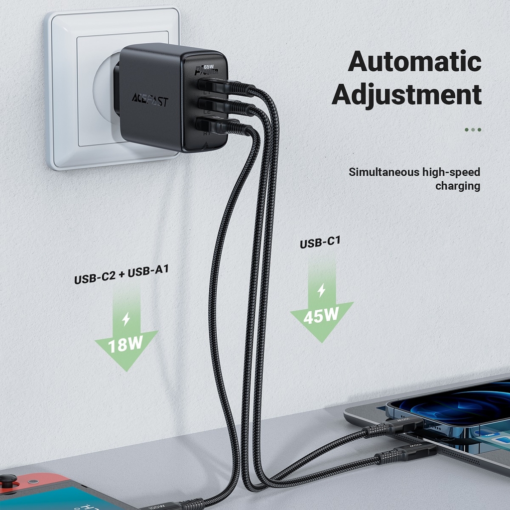 Adapter Sạc Acefast PD 3.0 65W 3 Cổng USB Type-C USB Type-C USB A Chuôi Tròn EU A13 - Hàng Chính Hãng