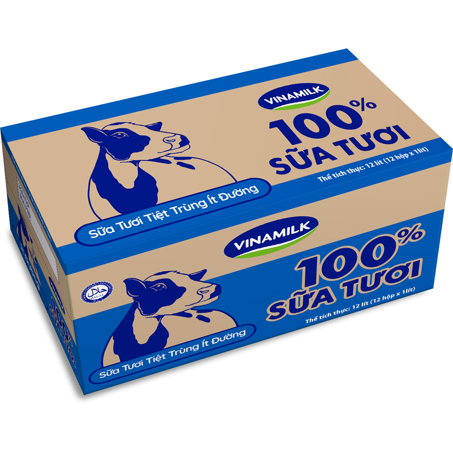 Thùng 12 Hộp Sữa Tươi Tiệt Trùng Vinamilk 100% Ít Đường