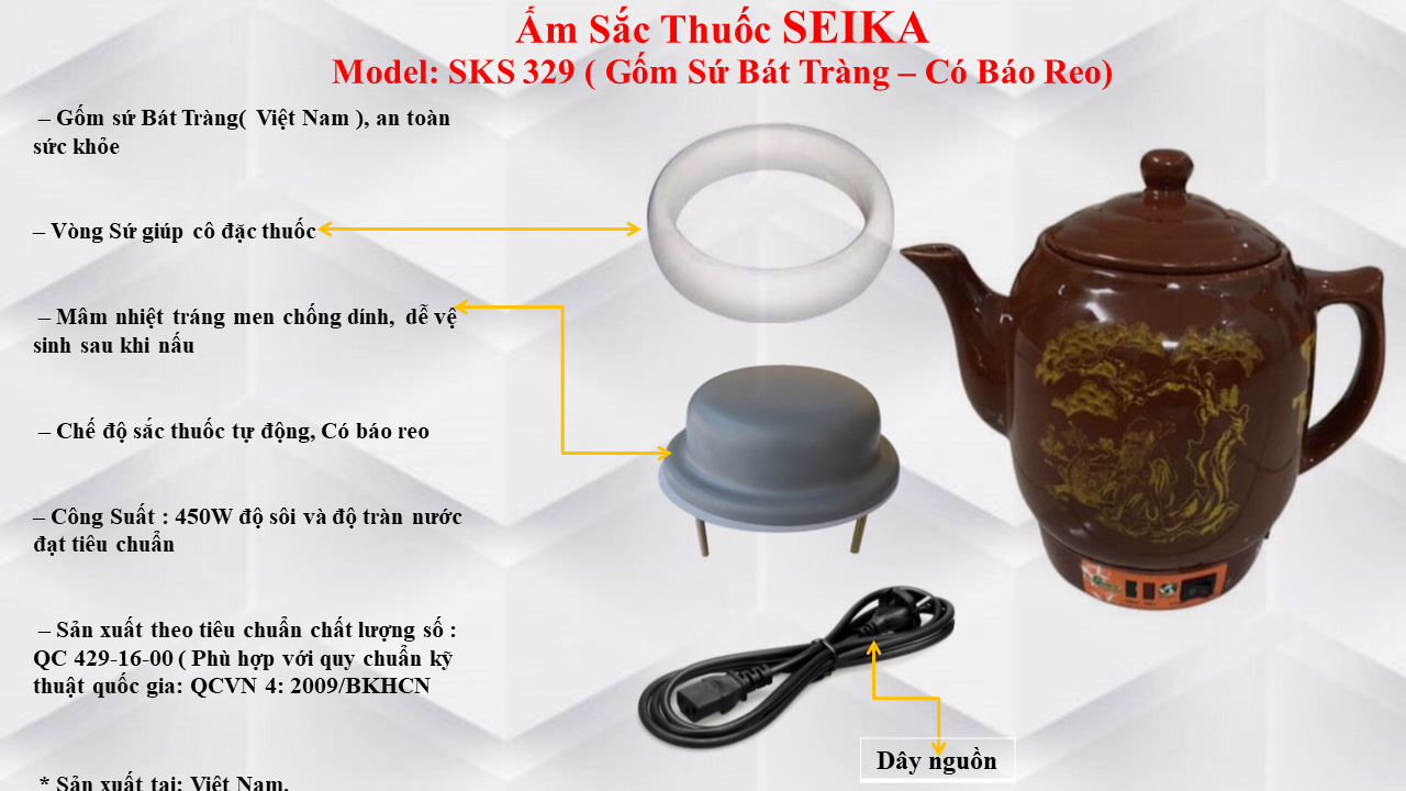 Ấm Sắc Thuốc Seika 3.2L - SKS329 (Gốm Sứ Bát Tràng) - Hàng chính hãng