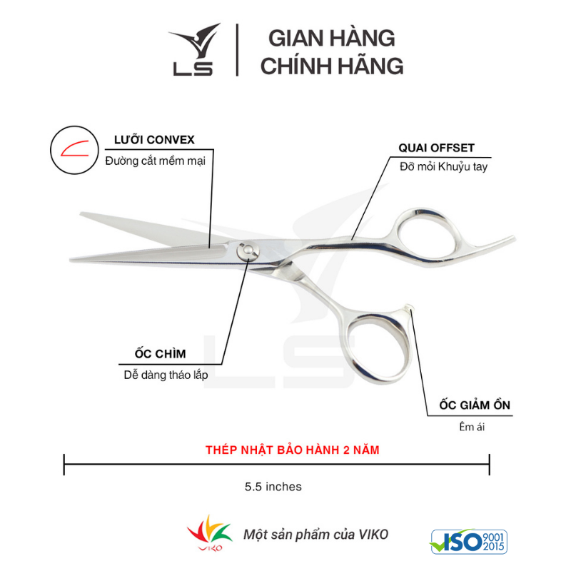 Kéo cắt tóc LS lưỡi thẳng quai offset vênh đỡ ngón cố định CB13/5.5