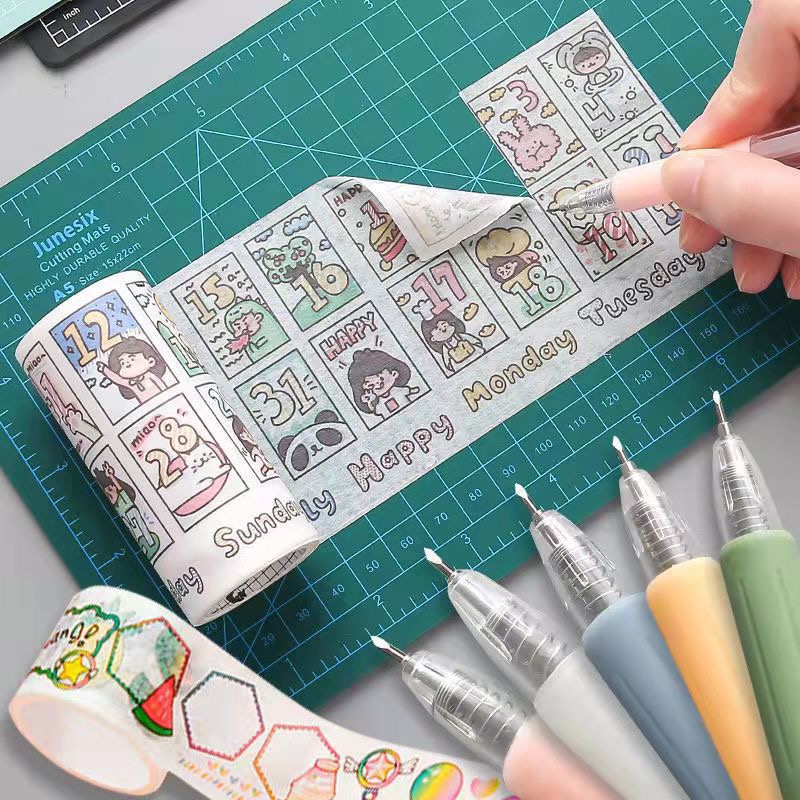Dao chiết dạng bút và dụng cụ miết thẳng washi tape/stickers dùng với sổ chiết hoặc giấy chiết