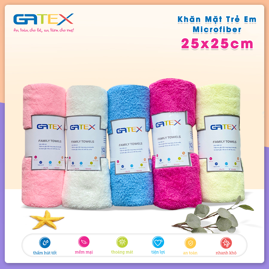 Set Combo Khăn Mặt Trẻ Em Microfiber 25x25cm GATEX Siêu Mềm Mịn, Siêu Thấm Hút