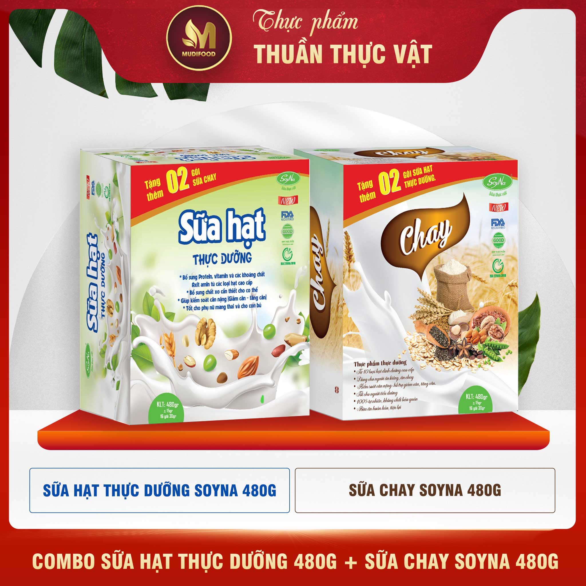 Combo Sữa Thực Vật, Sữa Hạt Chay 480g + Sữa Hạt Thực Dưỡng 480g Soyna - Sữa Hạt Cho Mẹ Bầu, Người Ăn Kiêng, Ăn Chay, Tiểu Đường, Tim Mạch, Người Tập Gym, Yoga, Tăng Giảm Cân - Tặng 2 Ly Thủy Tinh Có Vạch Chia ml và 2 gói Sữa Chay, 2 gói Sữa Hạt Thực Dưỡng