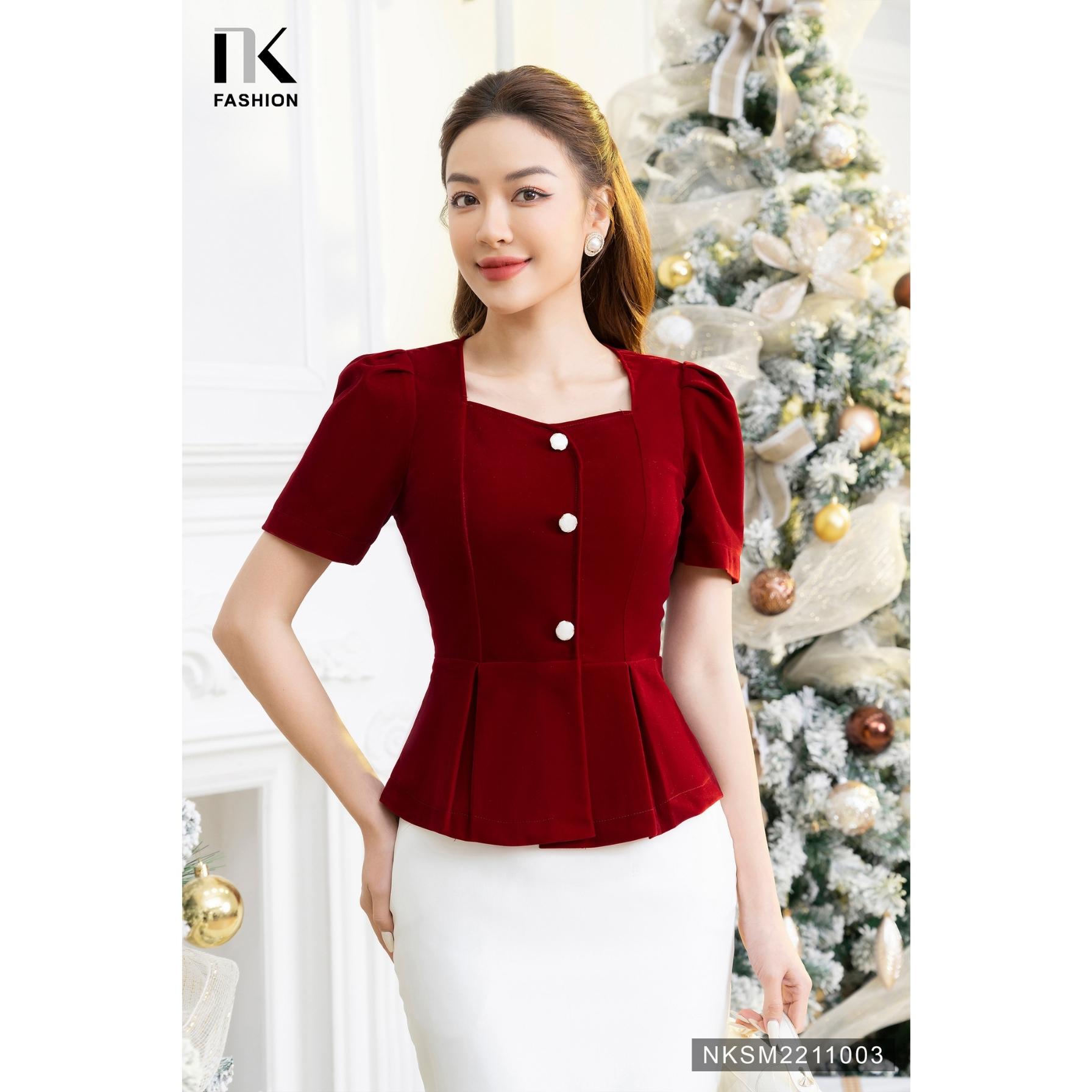 Áo Nhung Peplum Tay Ngắn NK FASHION Thiết Kế Cổ Vuông Sang Trọng Chất Vải Nhập Hàn Cao Cấp NKSM2211003