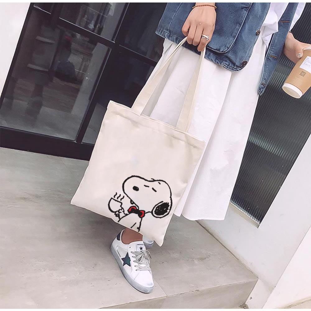 Túi tote vải mộc GINKO basic có dây kéo khóa miệng túi đựng vừa laptop 14 inch và nhiều đồ dùng khác in hình Snoopy and Friends M102