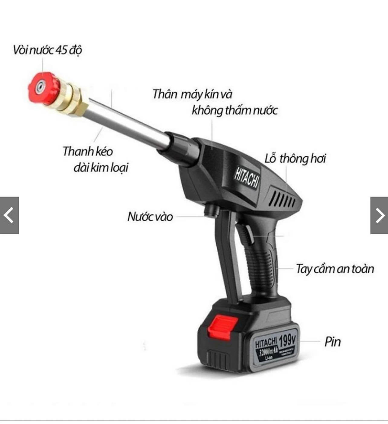 Máy xịt rửa xe máy ô tô áp lực cao bọt tuyết HITACHI 199V cầm tay PIN SẠC CỰC MẠNH dùng gia đình giá rẻ