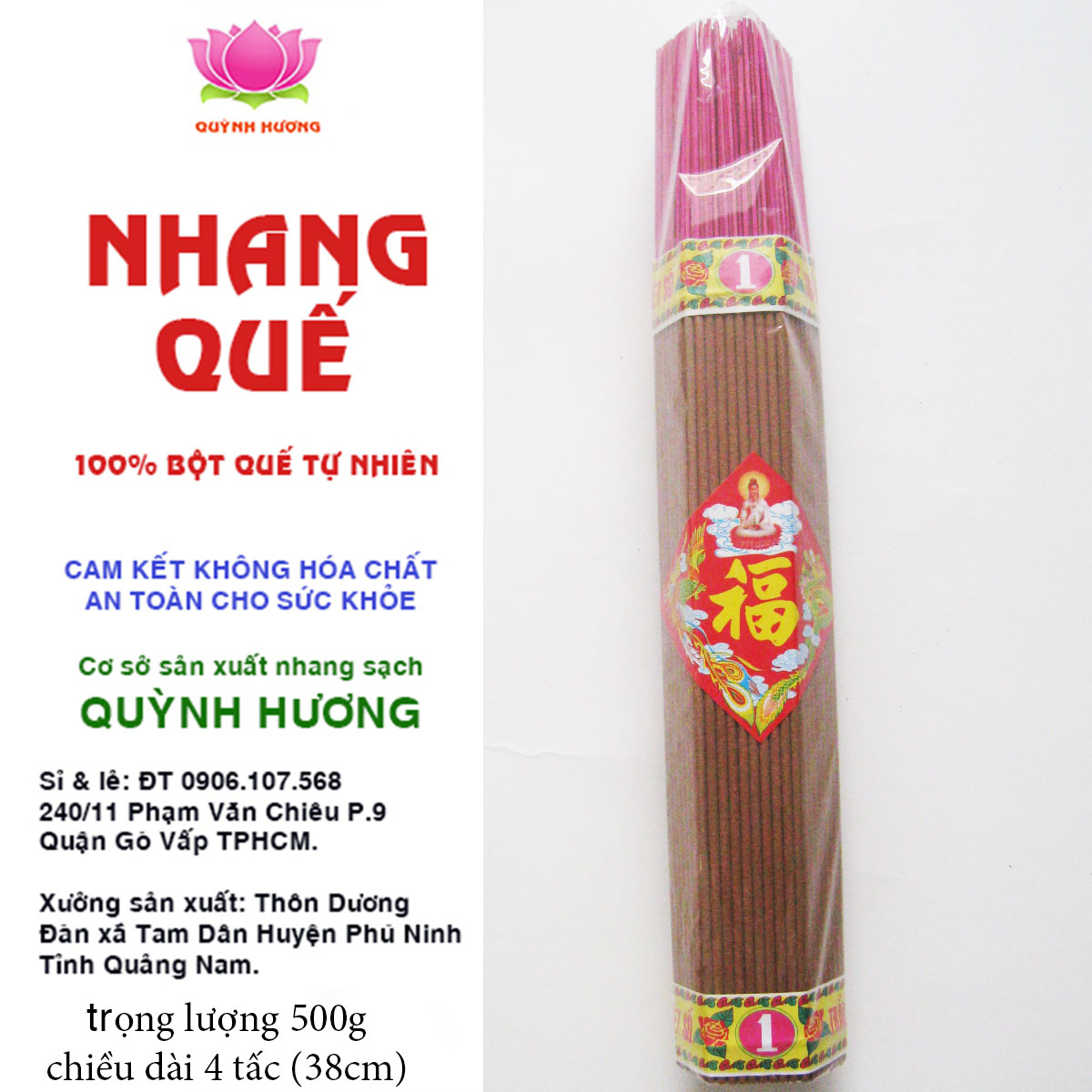 Nhang quế thiên nhiên QUỲNH HƯƠNG 4 tấc 500g  không hóa chất an toàn cho sức khỏe