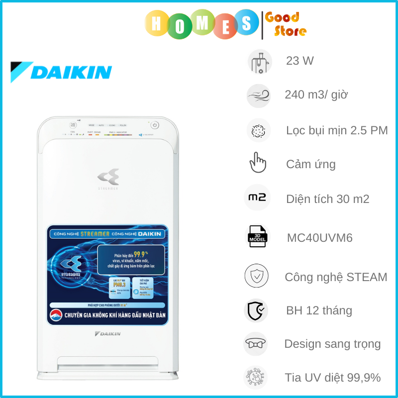 Máy Lọc Không Khí DAIKIN MC40UVM6 Công nghệ Streamer 3C Lõi Lọc Tuổi Thọ Lên Đến 10 Năm, Diệt Khuẩn Và Lọc Sạch 99,97% Bụi Bẩn Diện Tích Sử Dụng 30 m2, Công Suất 23W - Hàng Chính Hãng