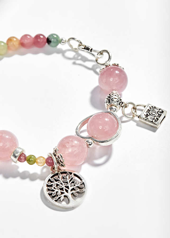 Vòng tay đá Tourmaline phối thạch anh hồng charm khóa Ngọc Quý Gemstones