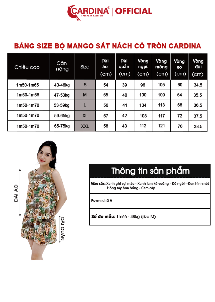 Đồ Bộ Nữ CARDINA Chất Lụa Mango Cao Cấp Quần Đùi Áo Sát Nách Họa Tiết Nhẹ Nhàng 2MF08
