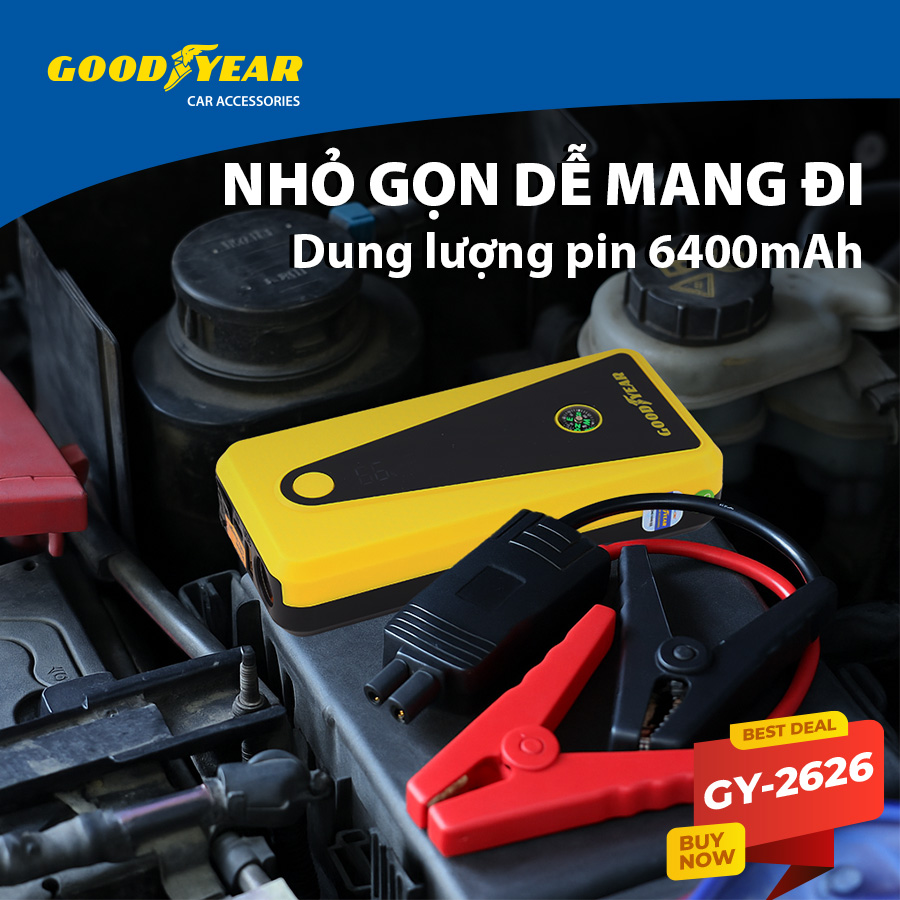Bộ Kích Bình Cho Xe Hơi 400A GOODYEAR GY-2626 Đa Chức Năng Sạc Dự Phòng 6400mAh Đèn LED Khẩn Cấp Tích Hợp La Bàn - Hàng Chính Hãng