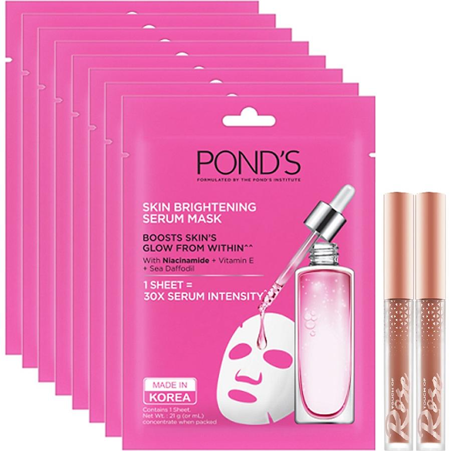 Combo 8 Mặt Nạ Tinh Chất Pond's Dưỡng Sáng Da Skin Brightening Serum Mask (21g x 8)-Tặng Kèm [Gift] 2 Son Ofelia