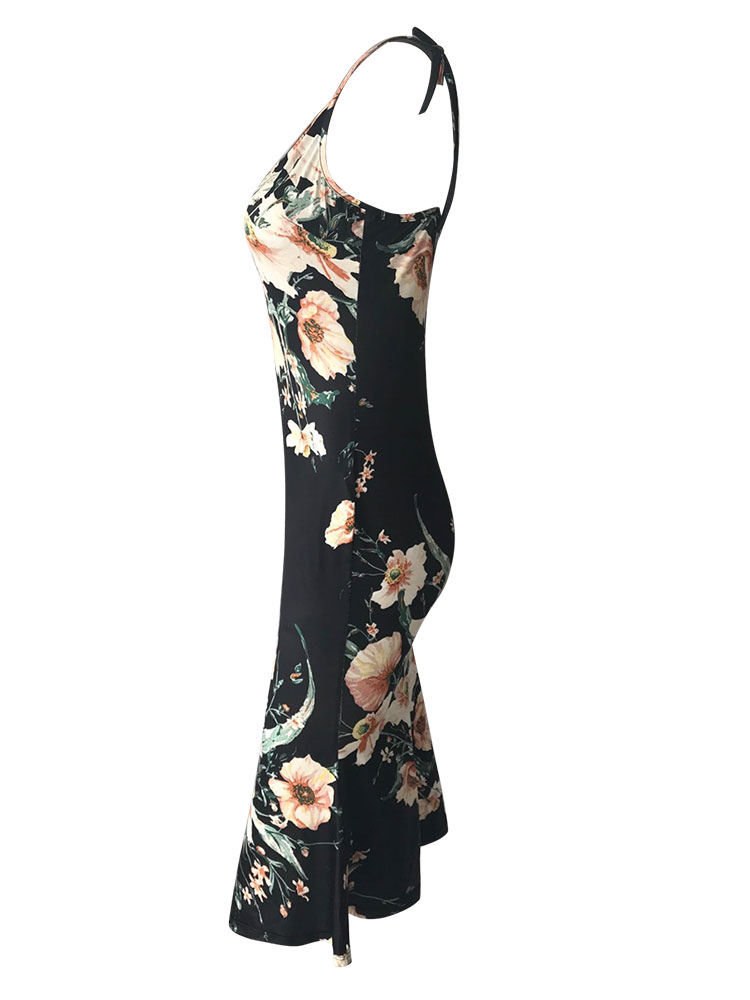 Sexy Women Floral Print Dress V Neck Straps Sleeveless Backless Bohemia Beach Vacation Dress