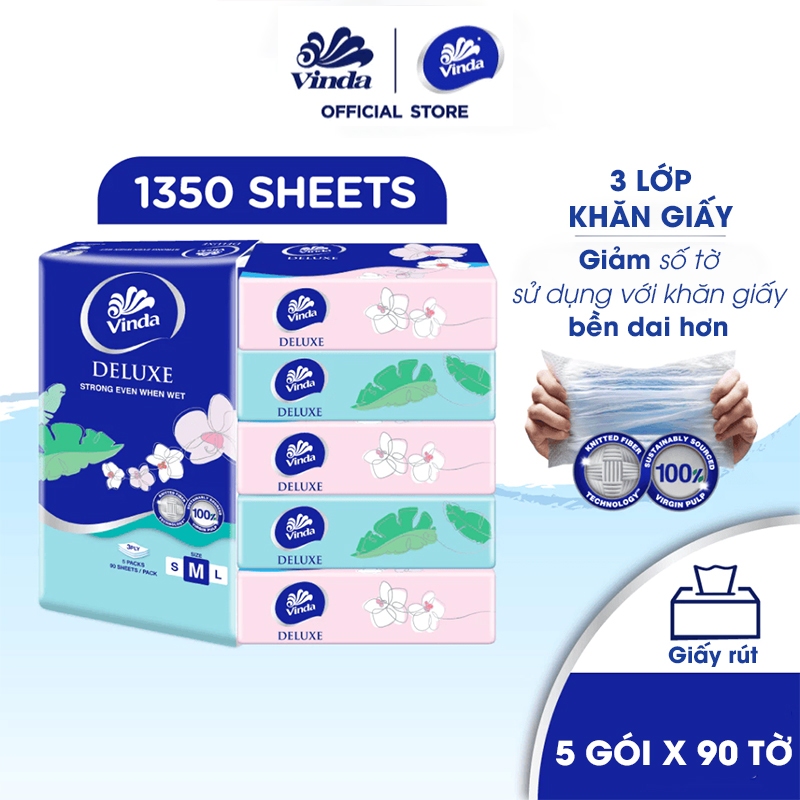 [MUA 2 LỐC KHĂN RÚT SIZE M TẶNG 3 GÓI SIZE S] Khăn giấy rút cao cấp Vinda Deluxe 3 lớp 90 tờ size M (5 Gói)