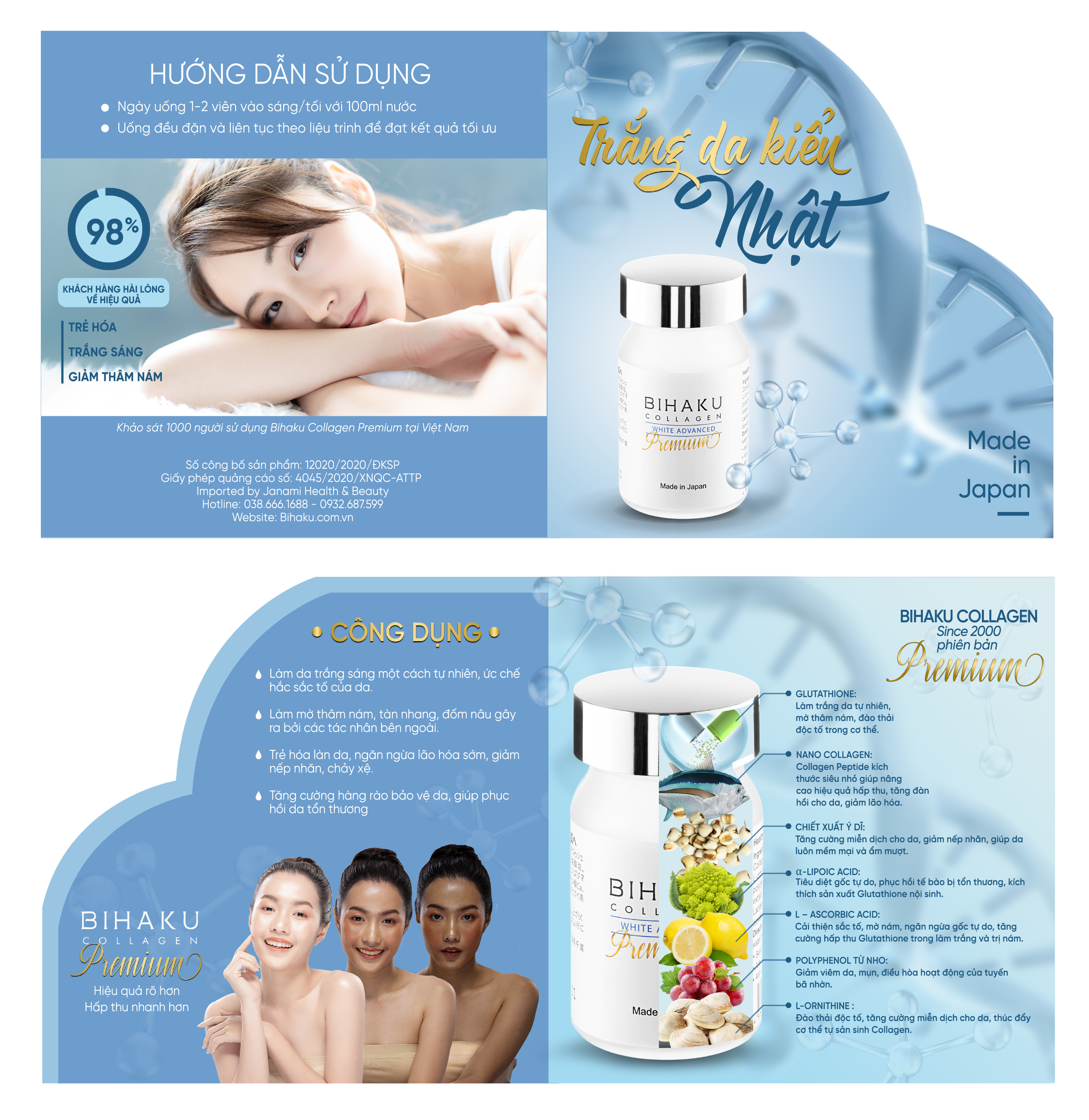 Bộ đôi ngừa sạm nám trắng da BIHAKU PREMIUM COLLAGEN hộp 30v và BELLA THE SUN hộp 30v chống lão hóa mờ đốm sắc tố, căng da dưỡng ẩm, chống nắng nội sinh