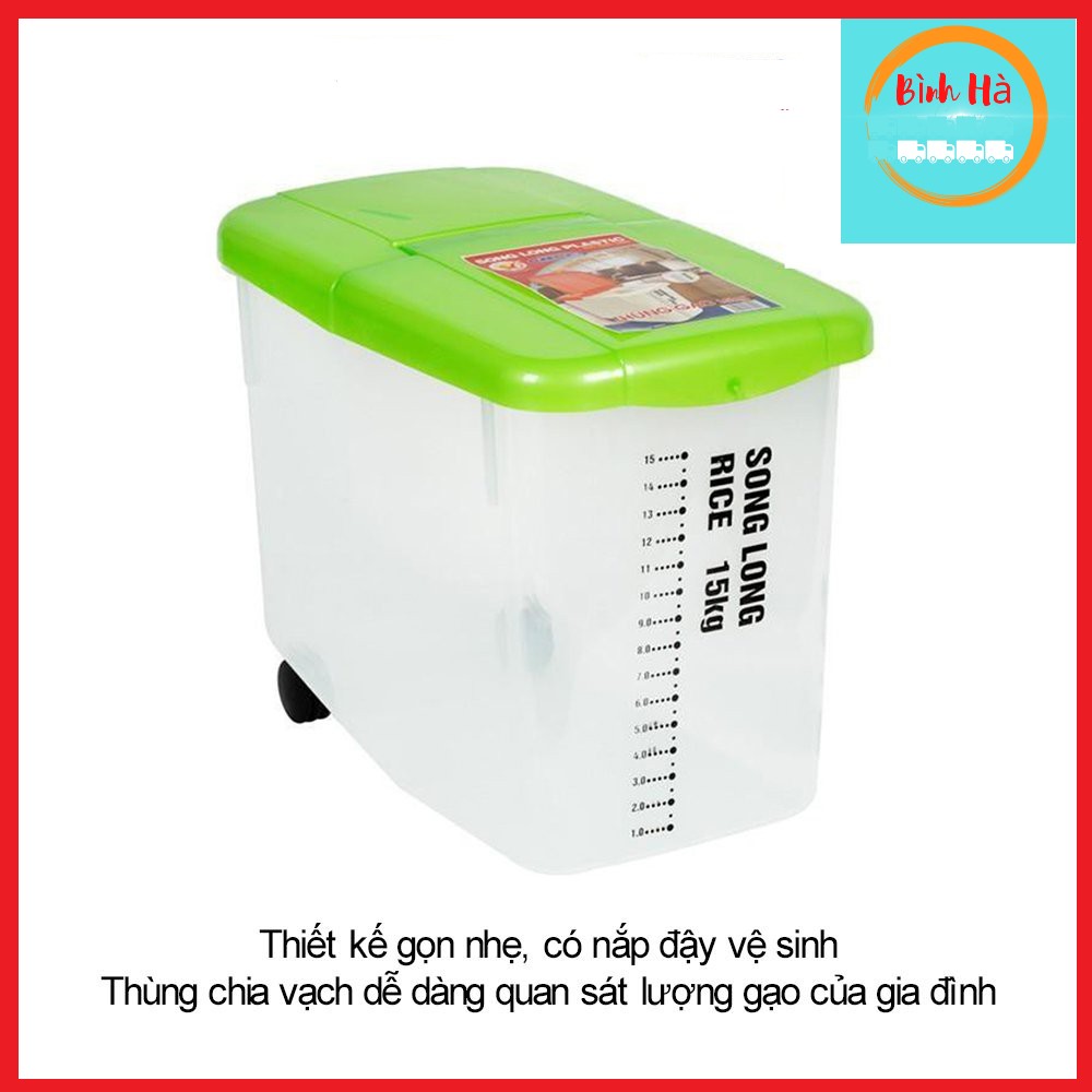 Thùng đựng gạo 10kg, 15kg có nắp đậy, bánh xe di chuyển nhựa songlongplastic giao màu ngẫu nhiên