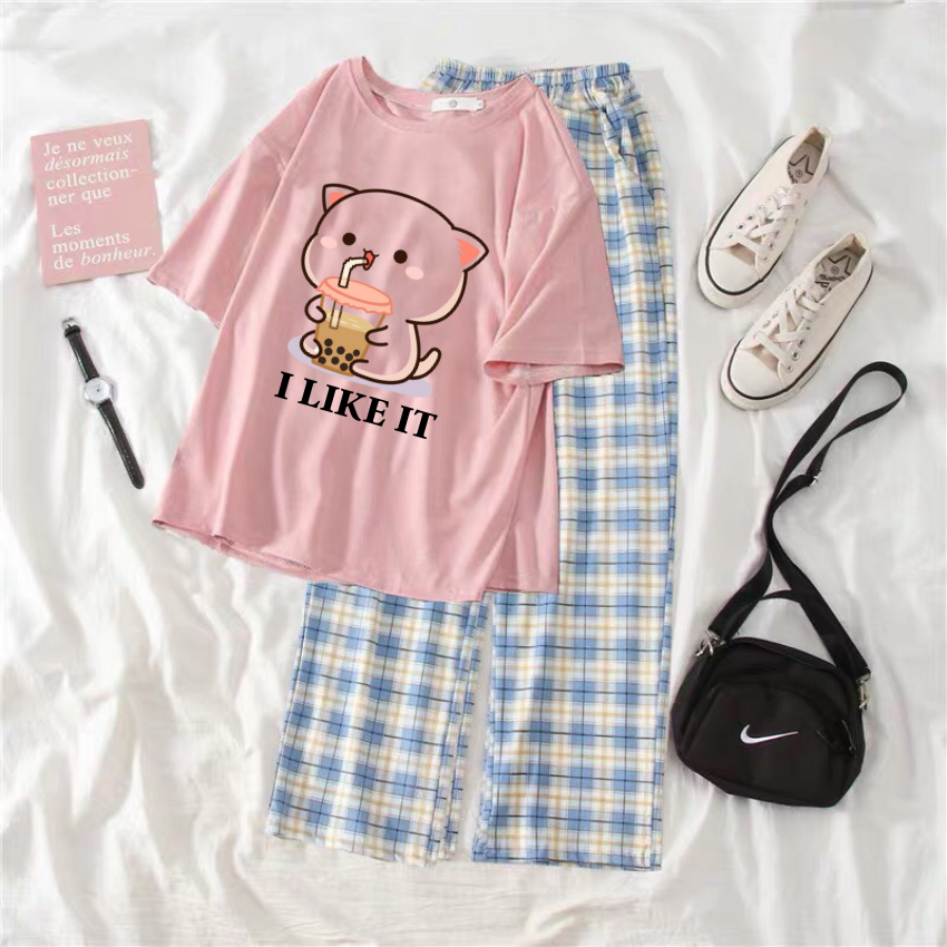 Sét Bộ Nữ SS14, Sét Đồ Nữ Đi Chơi Đẹp In Hình Mèo Uống Nước Dễ Thương