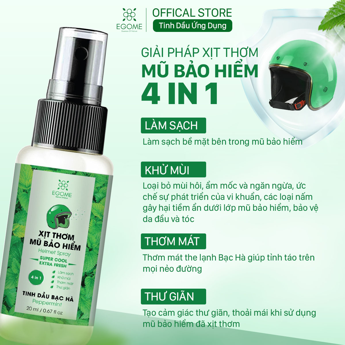 Xịt Thơm Mũ Bảo Hiểm Egome Tinh Dầu Bạc Hà làm sạch, khử mùi mũ bảo hiểm 20ml