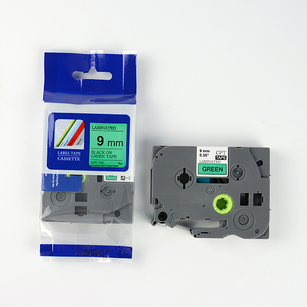 Tape nhãn in tương thích CPT-721 dùng cho máy in nhãn Brother P-Touch (chữ đen nền xanh lá, 9mm)
