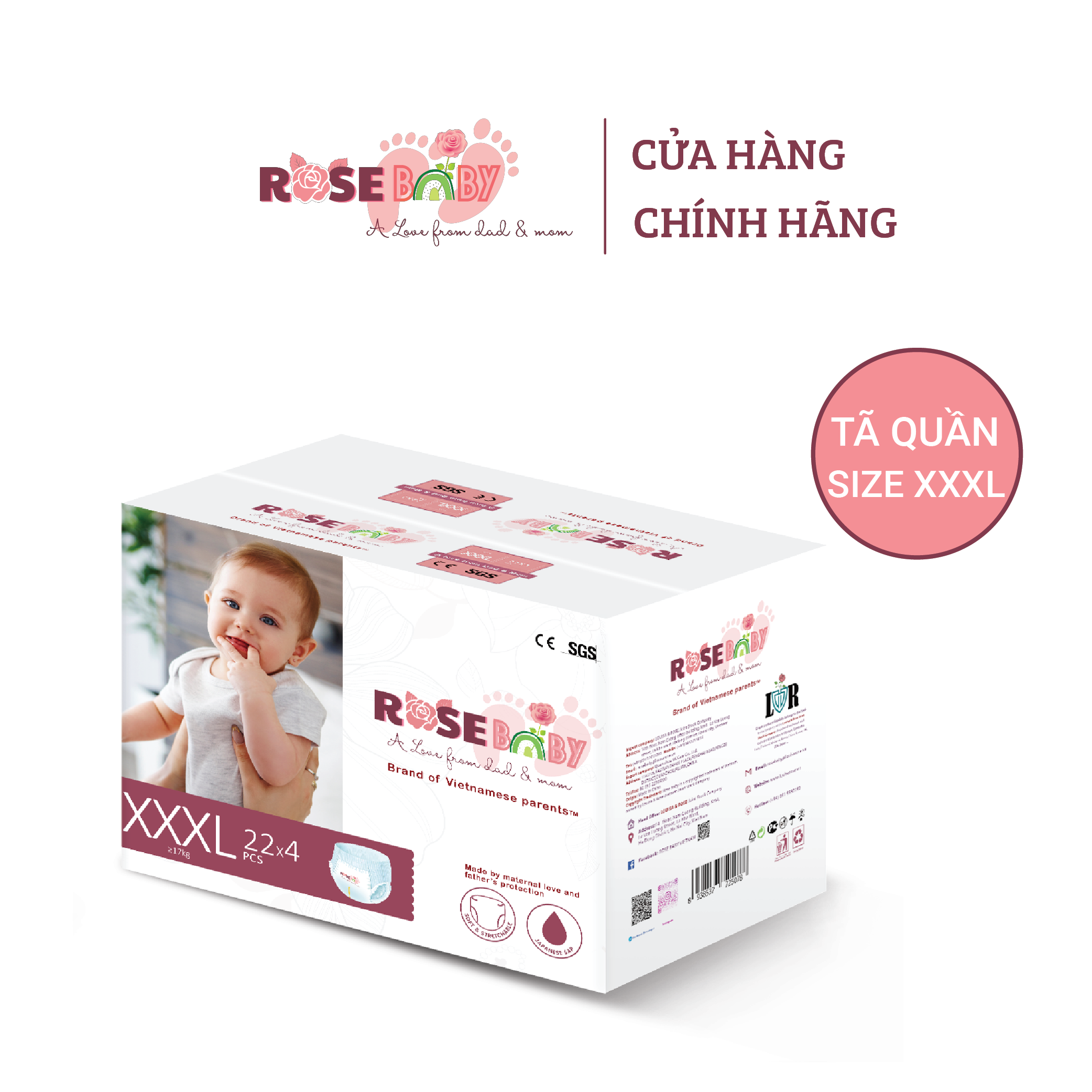 Thùng Bỉm Quần ROSE BABY Size XXXL (88 miếng)