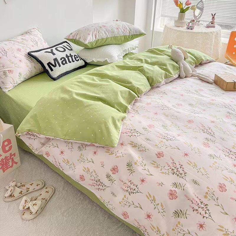 Bộ Chăn Ga Gối Cotton Living Hàng Nhập Khẩu Cao Cấp 4 Món Hoa Xinh Xanh Mát