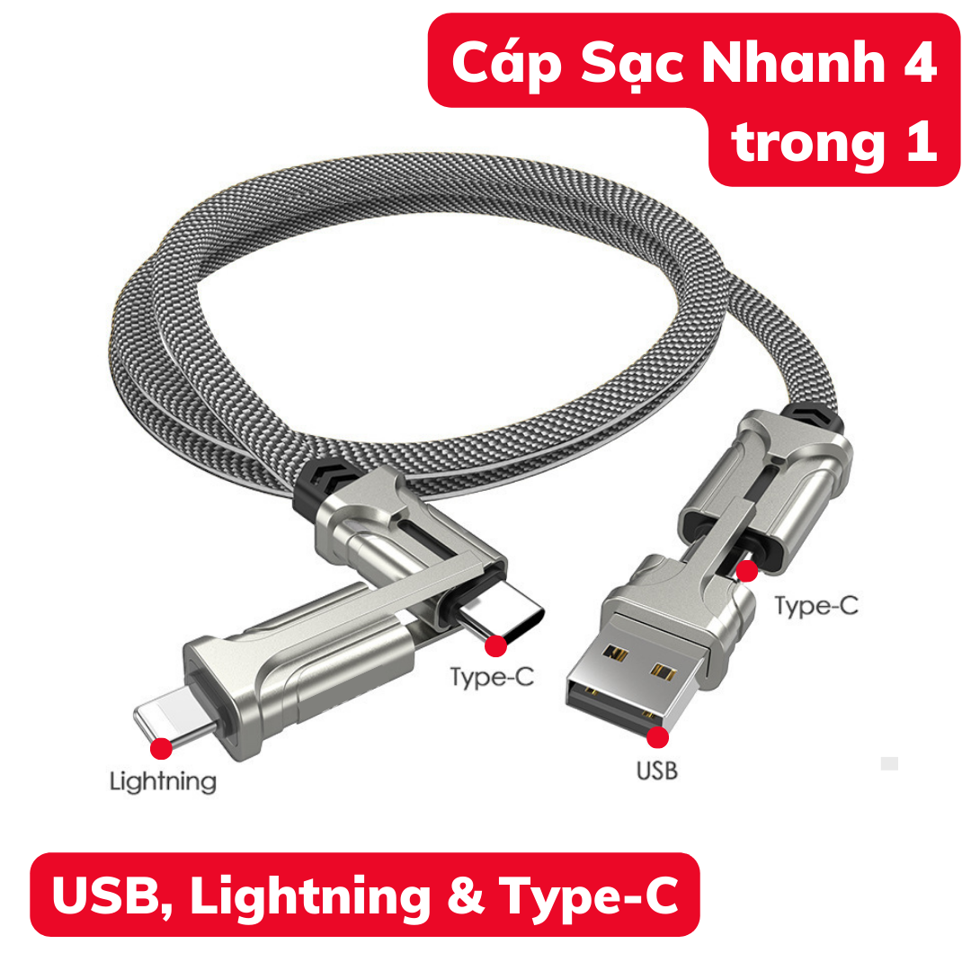 Dây Sạc Nhanh 4 Trong 1 TYPE-C & USB hỗ trợ sạc laptop, 1pad, 1phone - Cáp sạc nhanh 3 đầu dài 1.2m