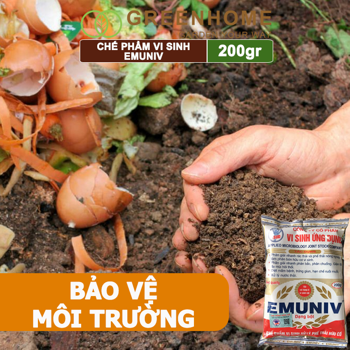 Chế Phẩm Vi Sinh EM Greenhome, Emuniv, Gói 200gr, Dùng Ủ Phân Bón Hữu Cơ, Xử Lý Rác Thải Gia Đình, Phân Huỷ Nhanh