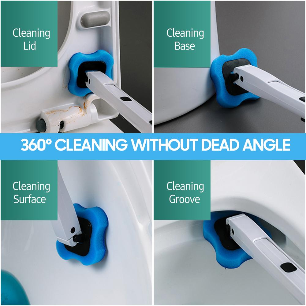 Disposable Toilet Brush Set Includes Holder, Long Handle, 5 PCS Washable Replaceable Brush Head with Preload Detergent, Bathroom Scrubber Clip Type Toilet Cleaning Brush