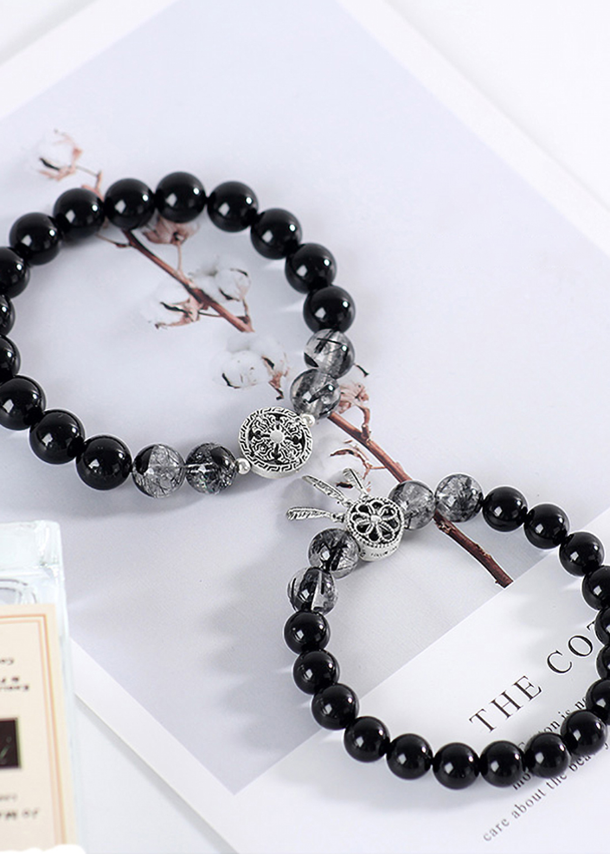 Vòng tay đôi đá Obsidian phối thạch anh tóc đen và charm bạc mệnh thủy, mộc - Ngọc Quý Gemstones